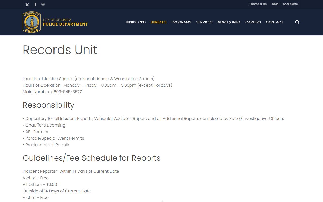 Columbia PD records unit for criminal history searches