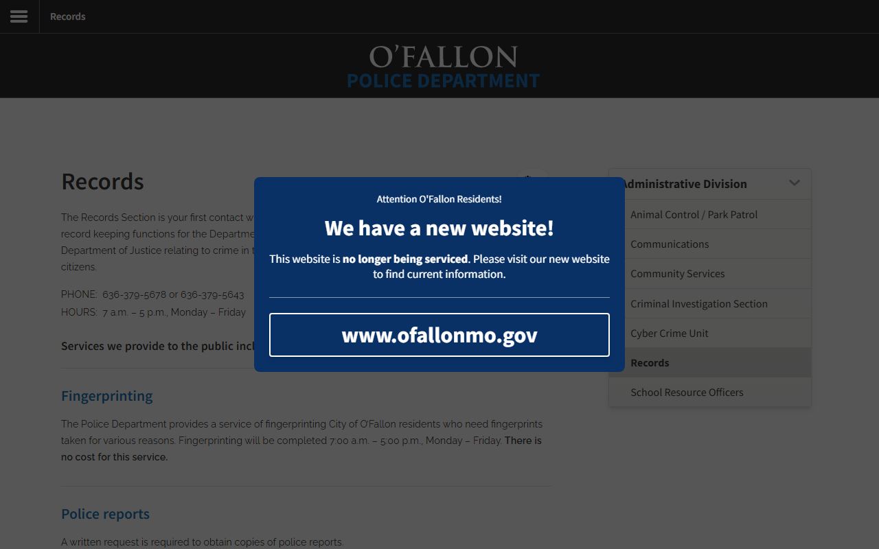 O'Fallon Police Department records section for criminal history searches