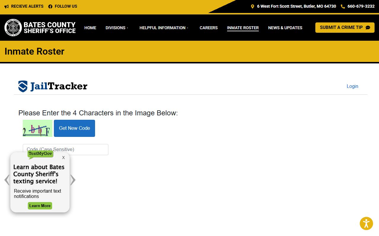 Bates County inmate roster for criminal history lookups