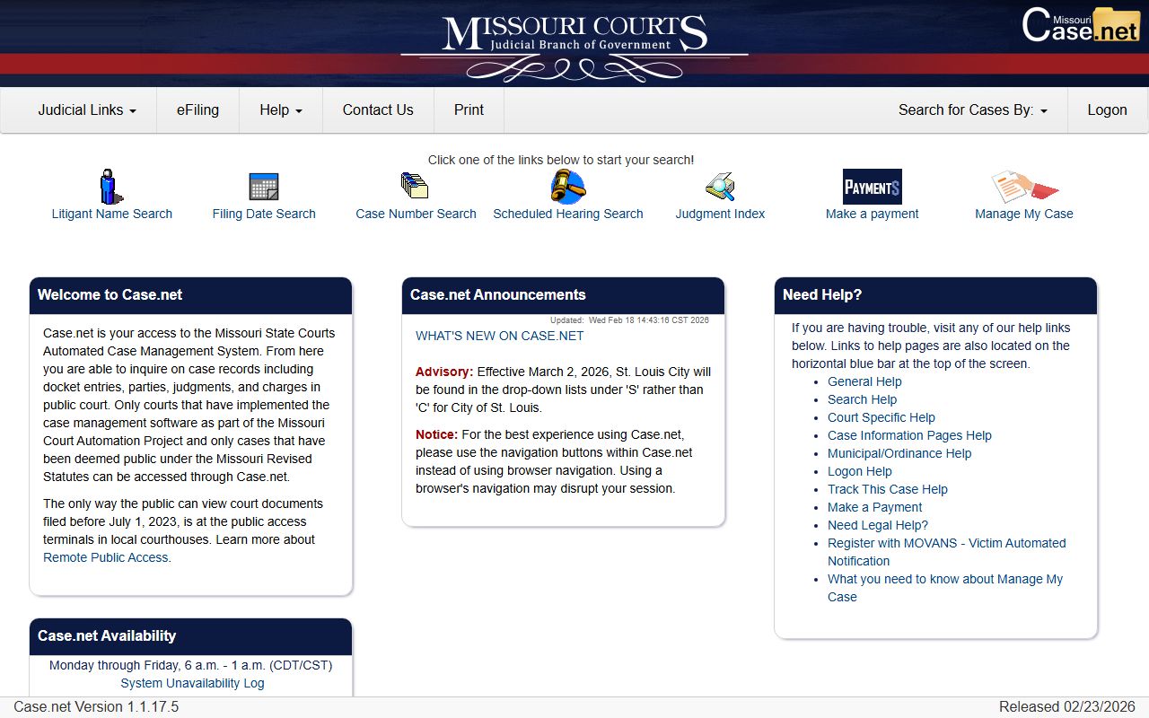 Missouri CaseNet portal for searching criminal history court records