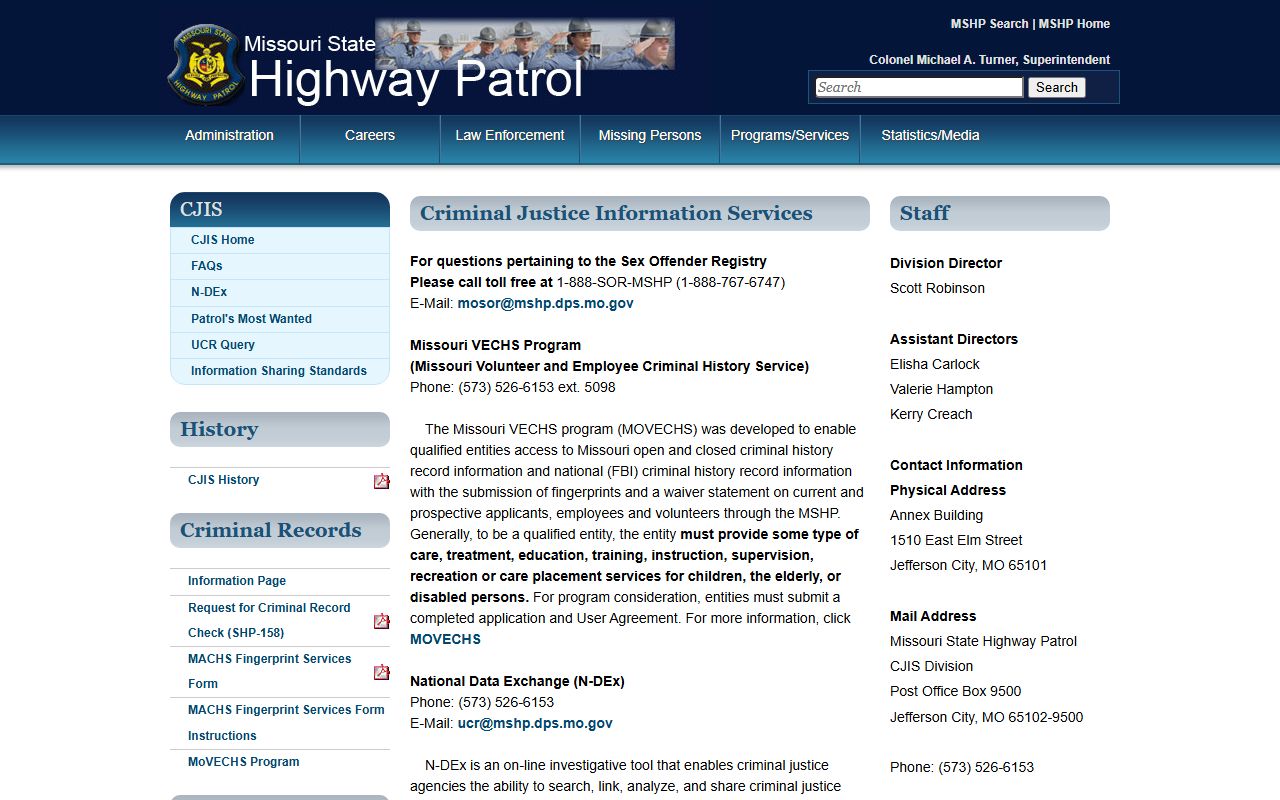 Missouri Criminal Justice Information Services Division for criminal history records