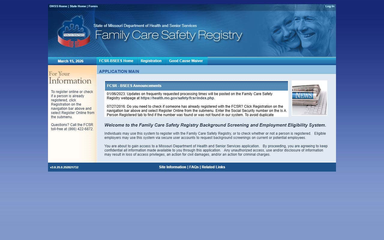 Missouri FCSR online registration portal for criminal history checks