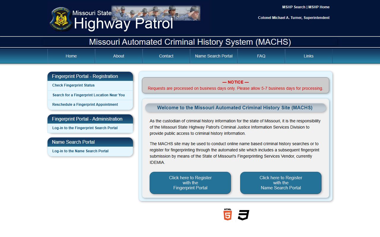 Missouri MACHS homepage portal for criminal history records search